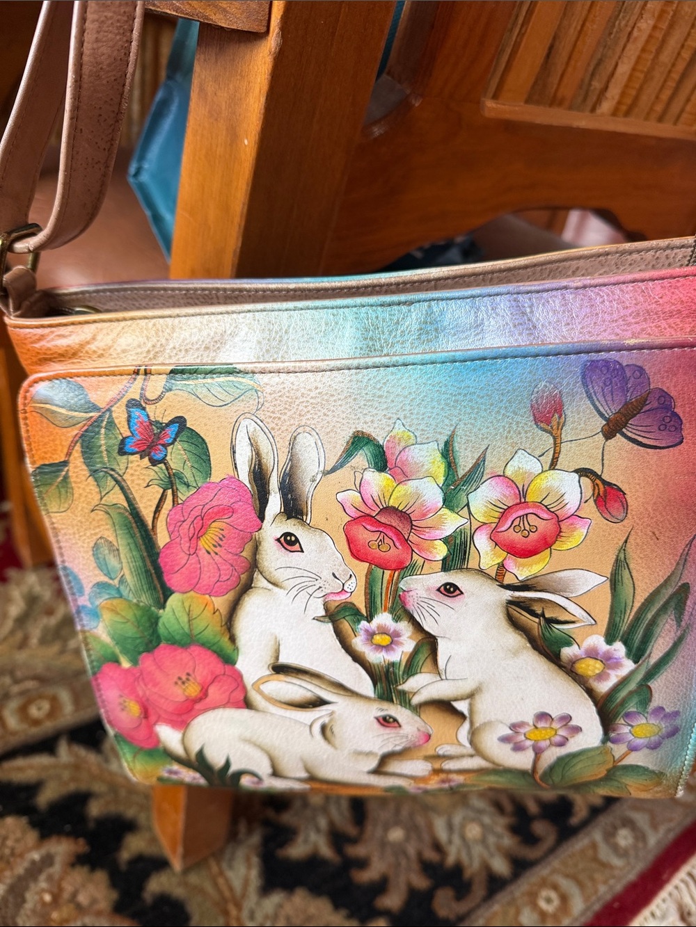 Anuschka Painted Leather Handbag with White Rabbit and Pink Flowers